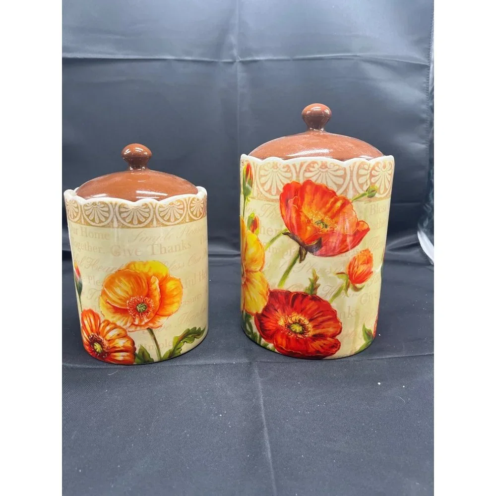 Poppy Canister Set 2 Give Thanks Retro Ceramic Flowers Cookie Jar - Picture 1 of 6